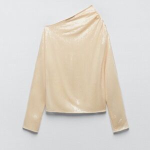 ZARA NWT BLOUSE SEQUINS BEIGE OFF WHITE ASYMMETRICAL